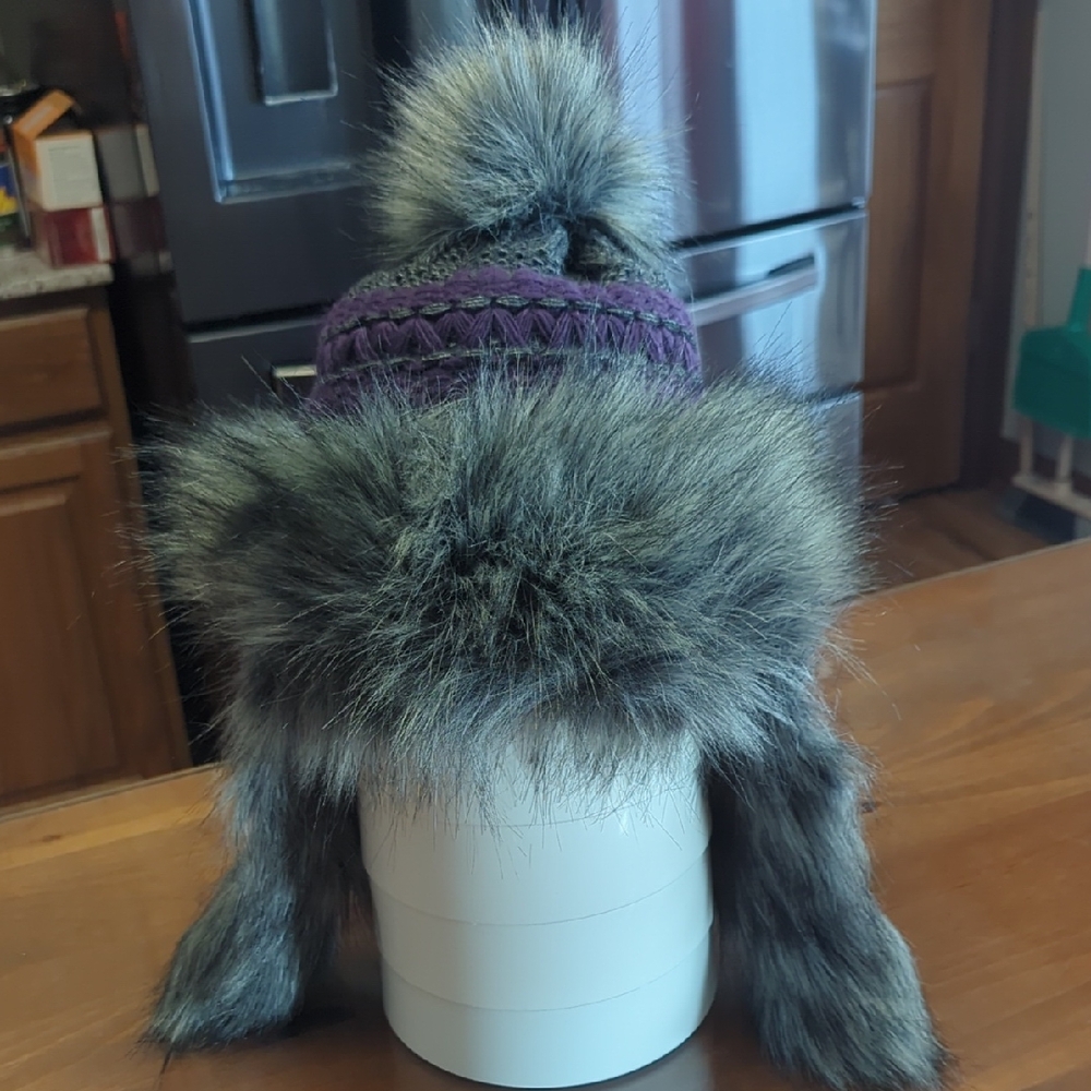 Women's Purple and Gray Fur Trimmed Hat NWT